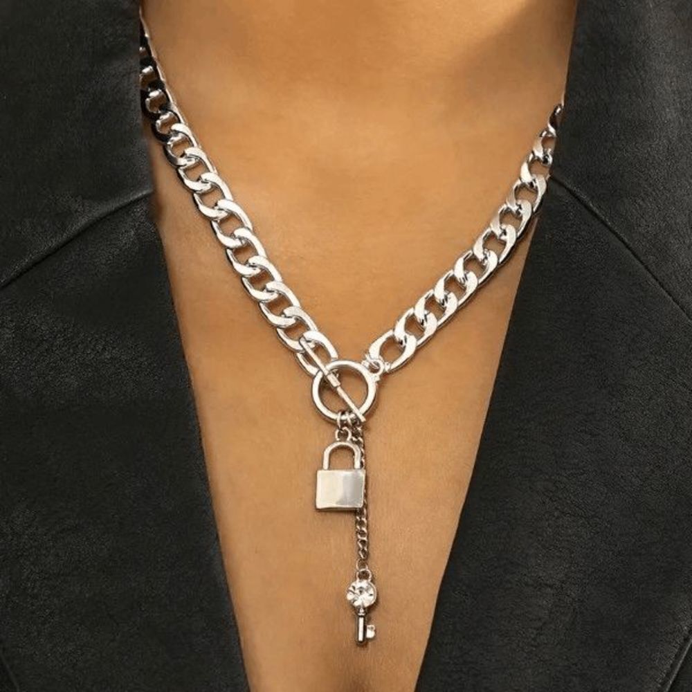 Lock and Key Diamond Silver Chain Necklace